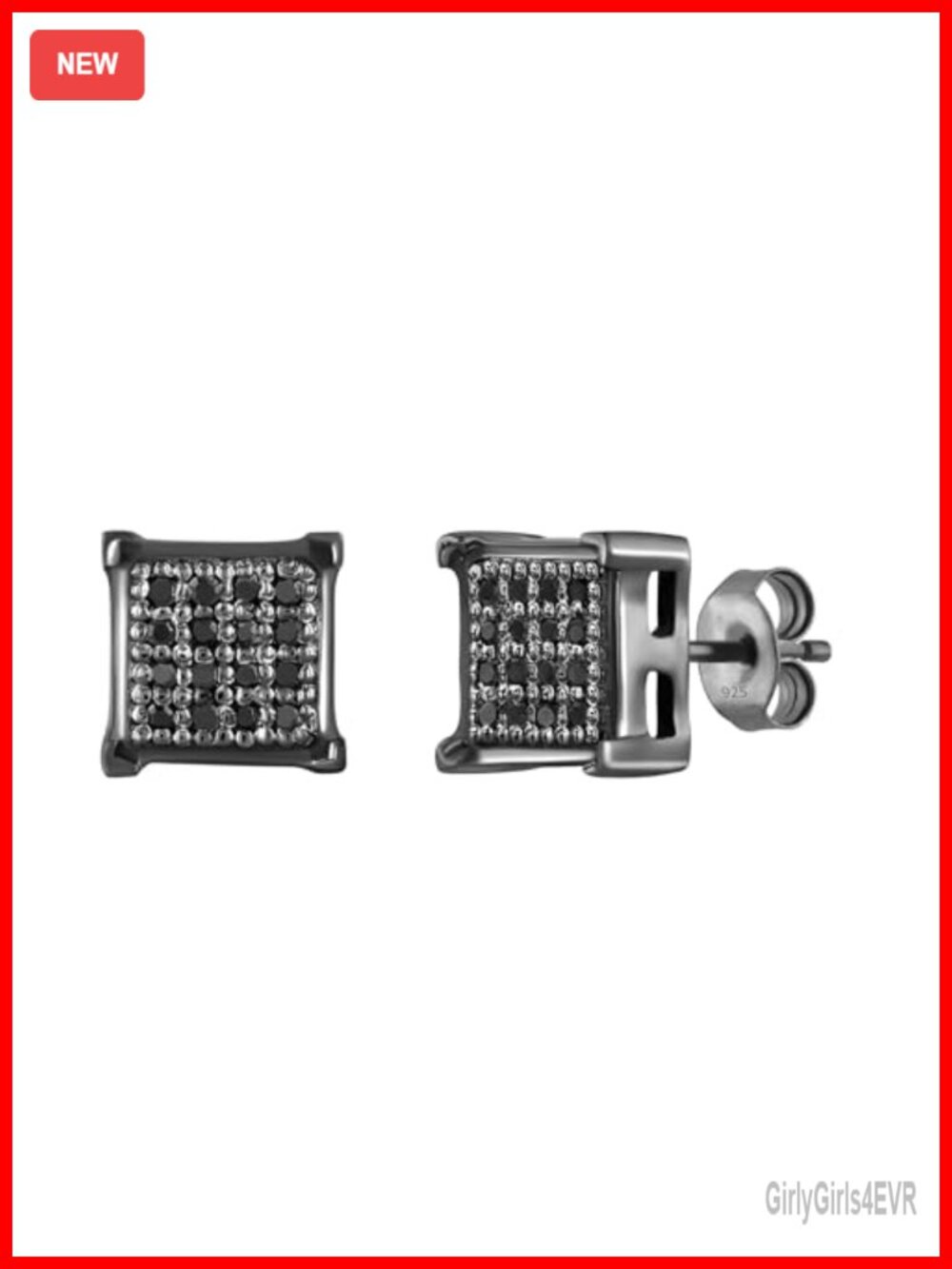 Black Plated 925 Sterling Silver Diamond Stud Earrings Unisex